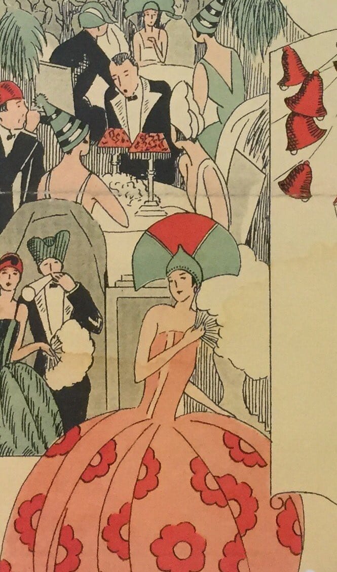 An illustration of elegantly dressed people at a fancy restaurant, drawn in a simple, slightly cartoonish style.