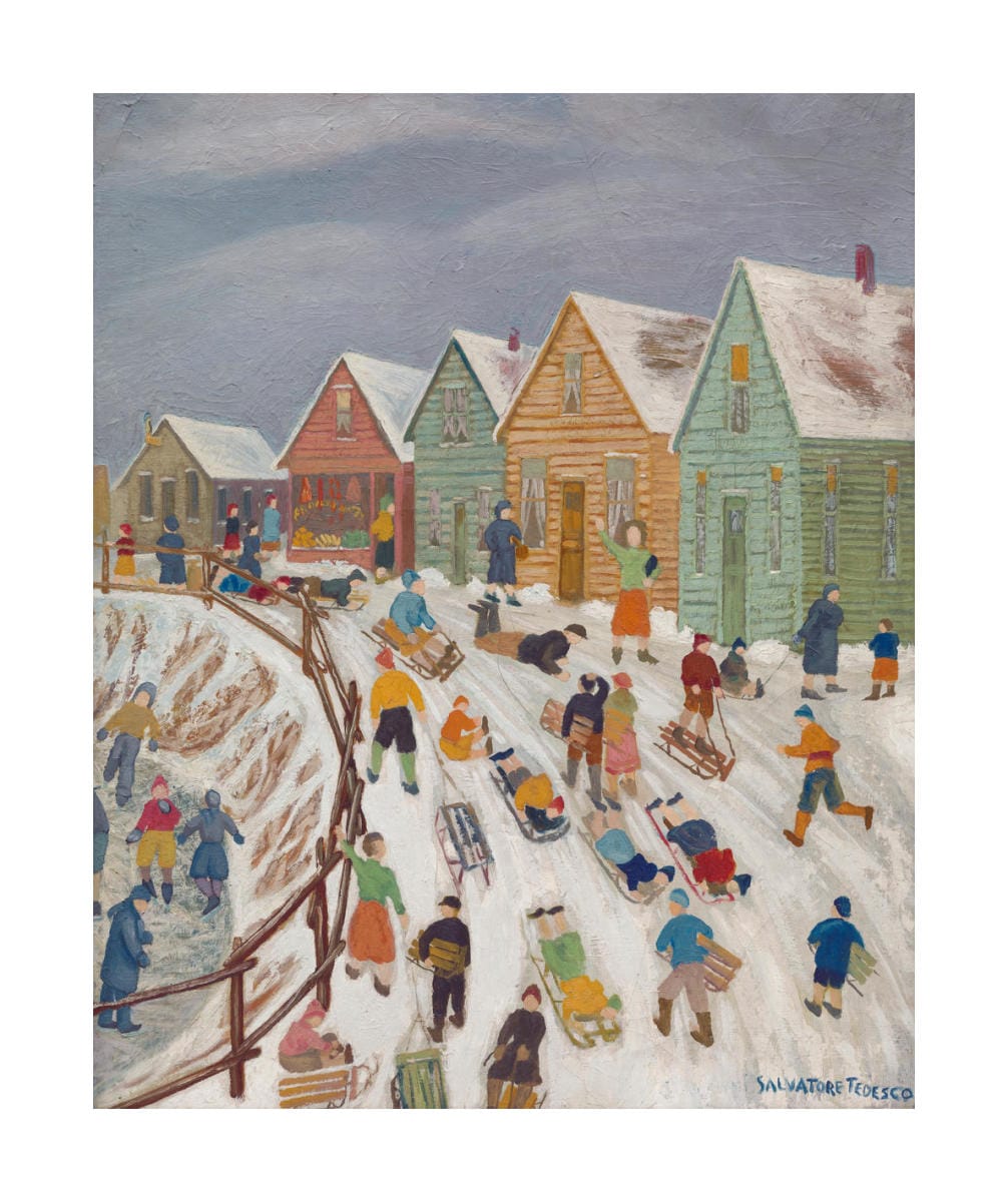 A painting that's in a borderline folk art style of a busy sledding hill in winter, with skaters on a pond just below to the left and wooden cabins at the top edge of the hill.